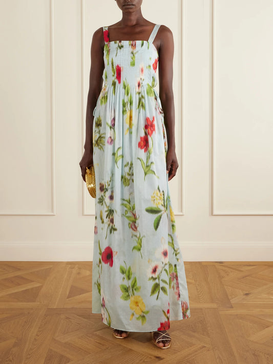 Image of Dresses. Product name - Floral-printed Cotton-voile Gown in Light blue colour by brand - Oscar de la Renta