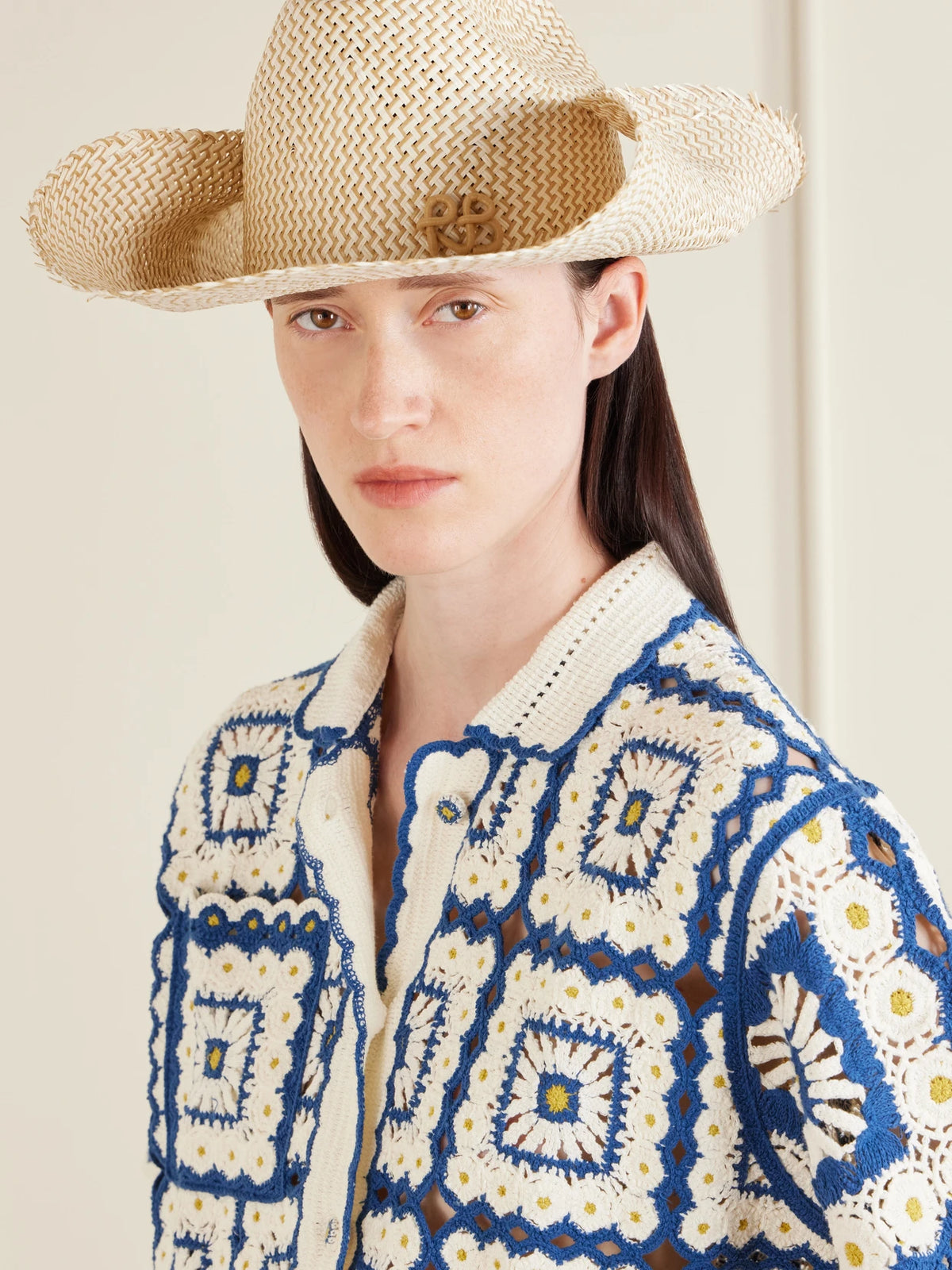 Image of Hats. Product name - Cowboy Monogram-embellished Straw Hat in Off-white colour by brand - Ruslan Baginskiy