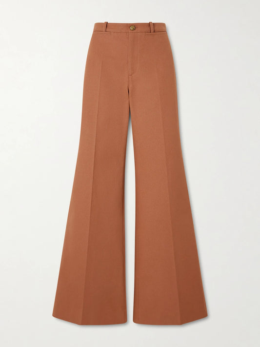 Image of a model wearing Pants. Product name - Organic Cotton Wide-leg Pants in Brown colour by brand - Chloé