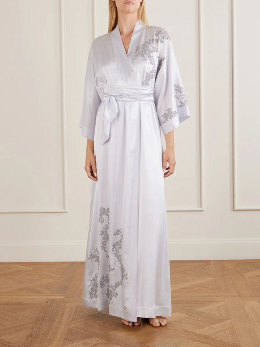 Image of Lingerie. Product name - Lace-appliqué Silk-satin Robe in Silver colour by brand - Carine Gilson