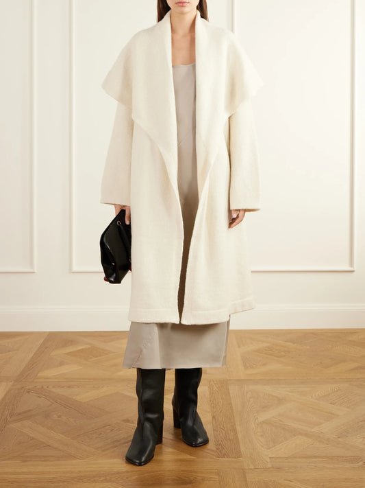 Image of Coats & Jackets. Product name - Venn Belted Alpaca And Wool-blend Knitted Wrap Coat in White colour by brand - Lauren Manoogian
