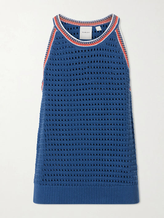 Image of a model wearing Tops. Product name - Aberg Crochet-knit Cotton Tank in Blue colour by brand - Varley