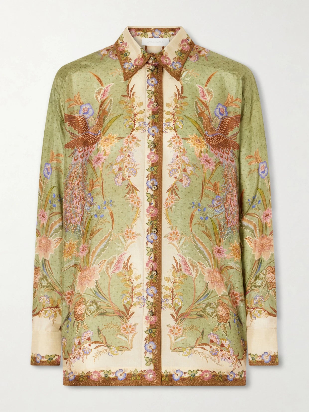 Image of a model wearing Tops. Product name - Indra Floral-print Relaxed Shirt in Green colour by brand - Zimmermann
