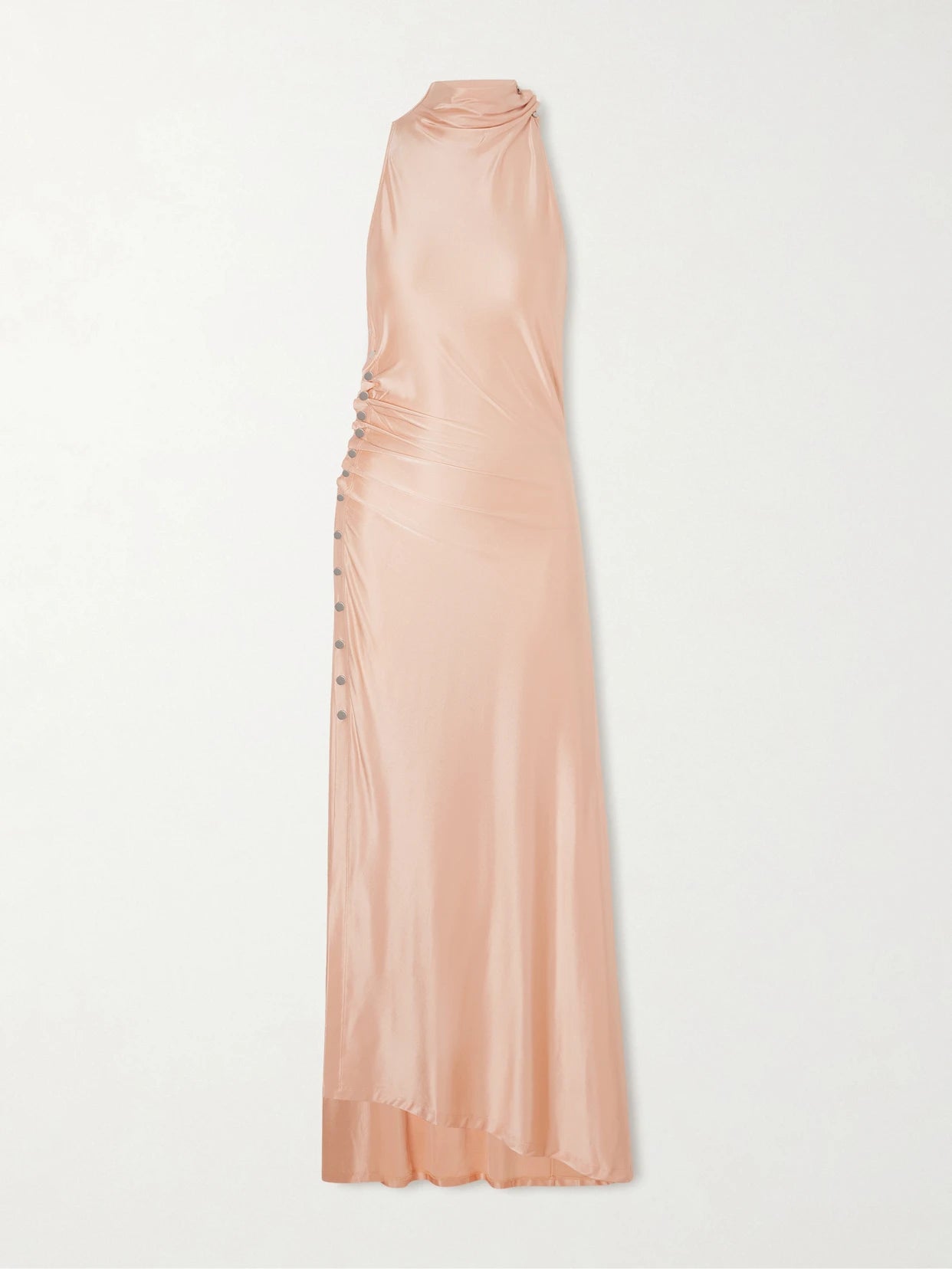 Image of Dresses. Product name - Embellished Gathered Satin Midi Dress in Peach colour by brand - RABANNE