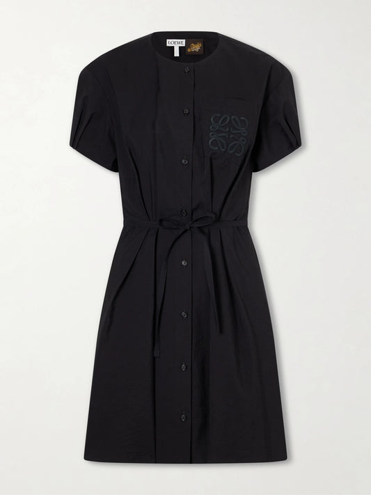 Image of Dresses. Product name - + Paula's Ibiza Anagram Embroidered Belted Cotton-blend Midi Dress in Black colour by brand - LOEWE