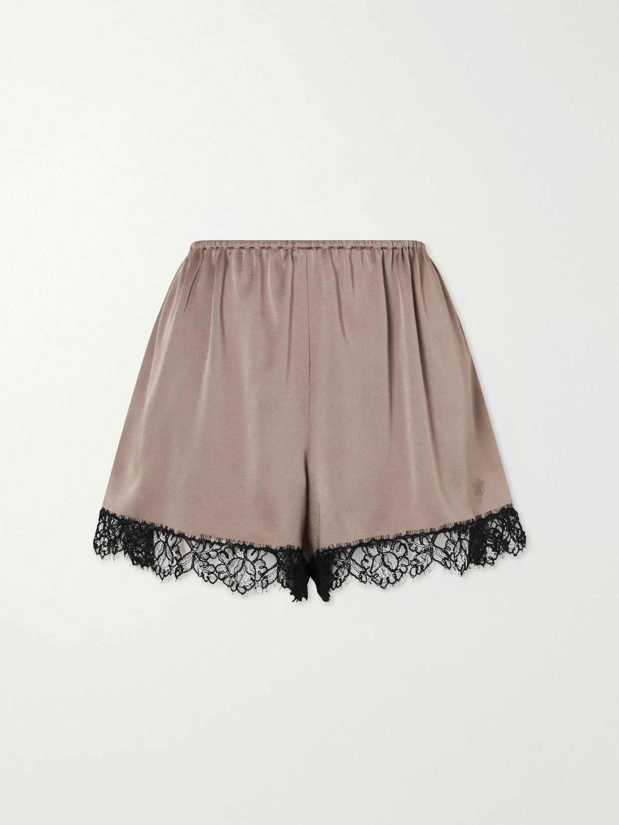 Image of a model wearing Shorts. Product name - Lace-trimmed Embroidered Satin Shorts in Brown colour by brand - Stella McCartney