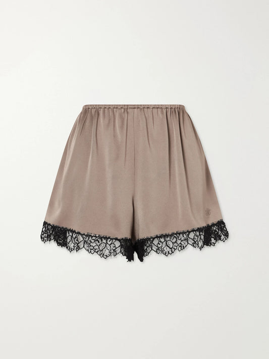 Image of a model wearing Shorts. Product name - Lace-trimmed Embroidered Satin Shorts in Brown colour by brand - Stella McCartney