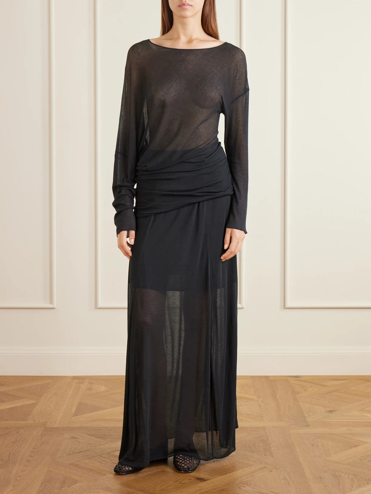 Image of a model wearing Tops. Product name - Cobia Asymmetric Gathered Cotton-gauze Blouse in Black colour by brand - Ruohan