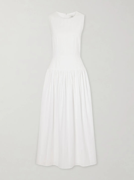 Image of Dresses. Product name - Ama Gathered Striped Cotton Maxi Dress in White colour by brand - Loulou de Saison