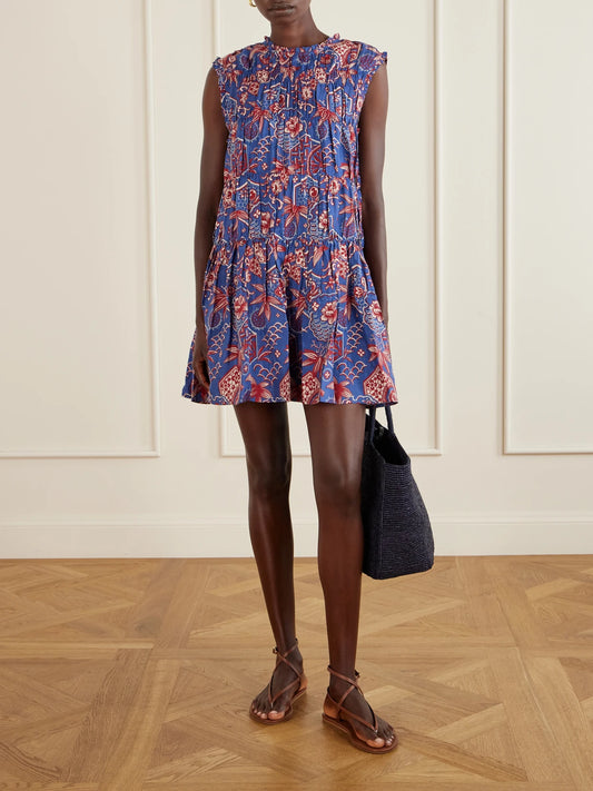 Image of Dresses. Product name - Jule Delft Shirred Floral-printed Cotton And Silk-blend Mini Dress in Multi colour by brand - ALIX OF BOHEMIA