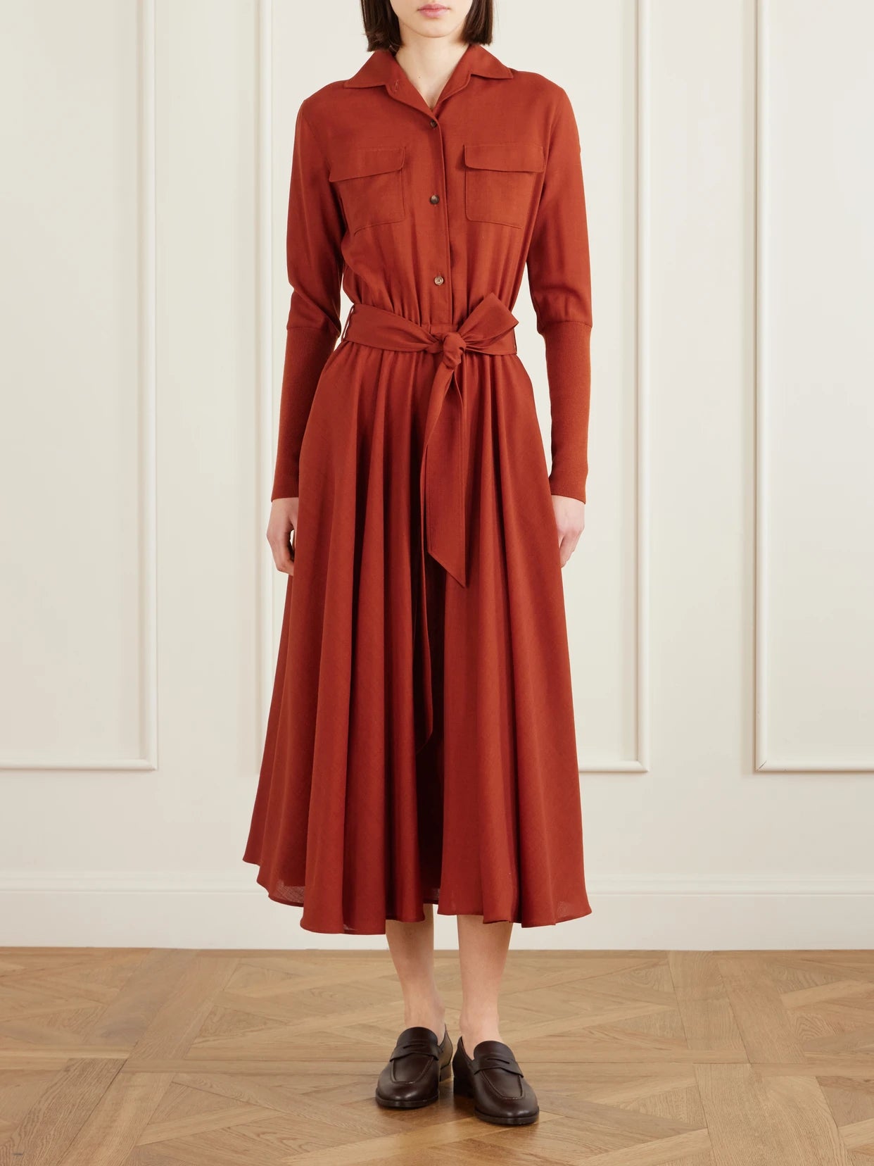 Image of Dresses. Product name - Verlaine Belted Pleated Wool Midi Shirt Dress in Red colour by brand - Loro Piana