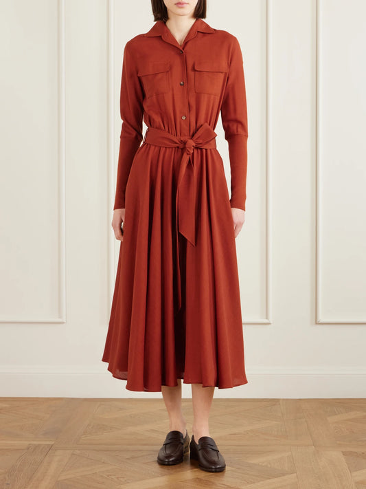 Image of Dresses. Product name - Verlaine Belted Pleated Wool Midi Shirt Dress in Red colour by brand - Loro Piana