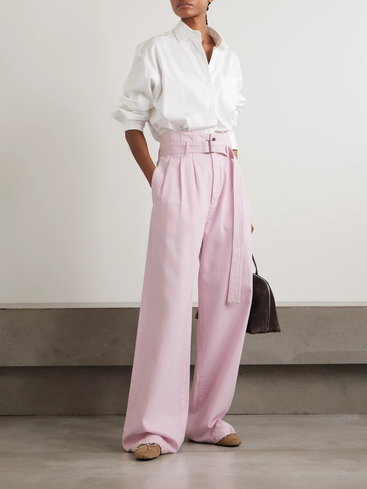 Image of Jeans. Product name - + Maria Mcmanus Corset Belted Pintucked High-rise Wide-leg Organic Jeans in Pastel pink colour by brand - AGOLDE