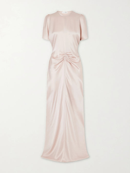Image of Dresses. Product name - Isabella Ruched Satin Maxi Dress in Pink colour by brand - Victoria Beckham