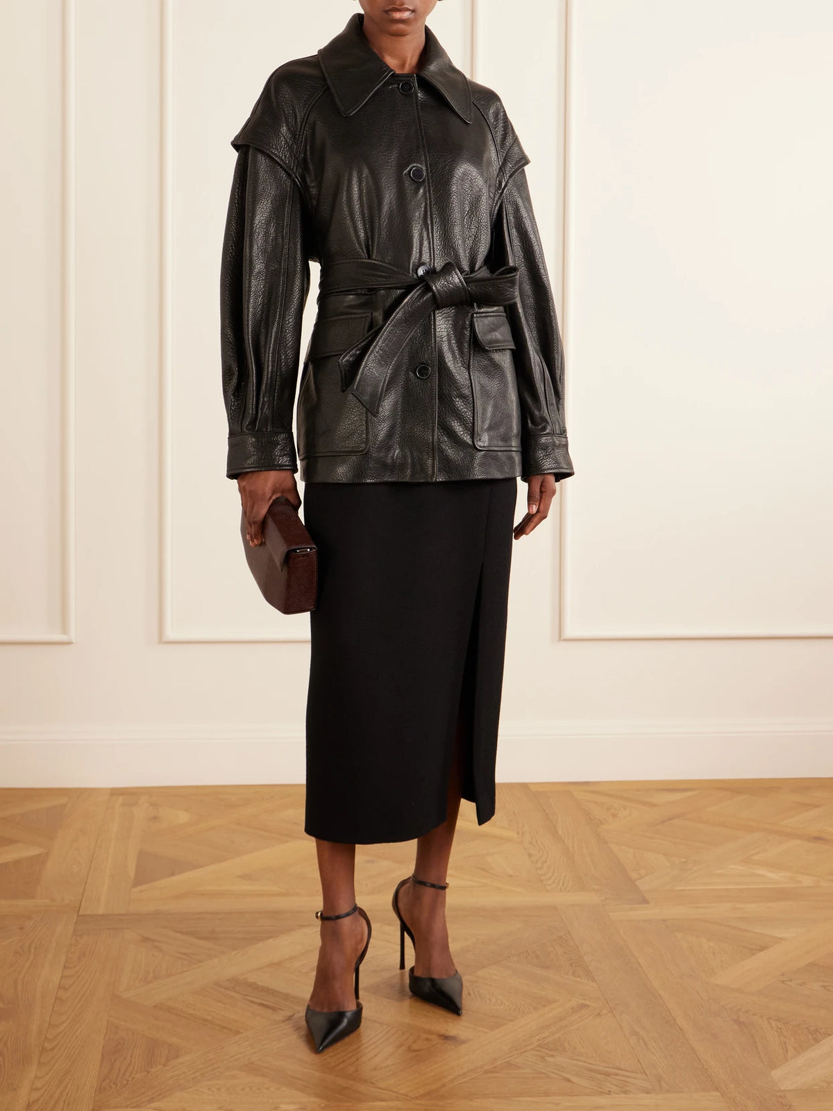 Image of Coats & Jackets. Product name - Perrin Belted Full-grain Jacket in Black colour by brand - Nour Hammour
