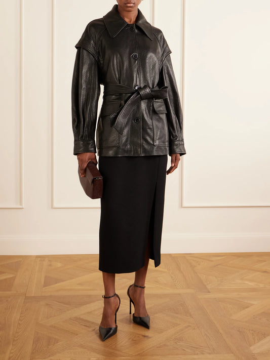 Image of Coats & Jackets. Product name - Perrin Belted Full-grain Jacket in Black colour by brand - Nour Hammour