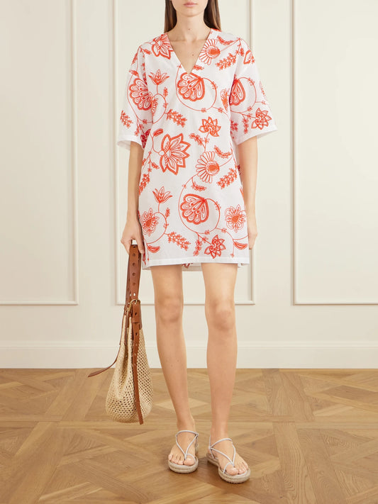 Image of Dresses. Product name - Embroidered Cotton-blend Mini Dress in small colour by brand - Eres