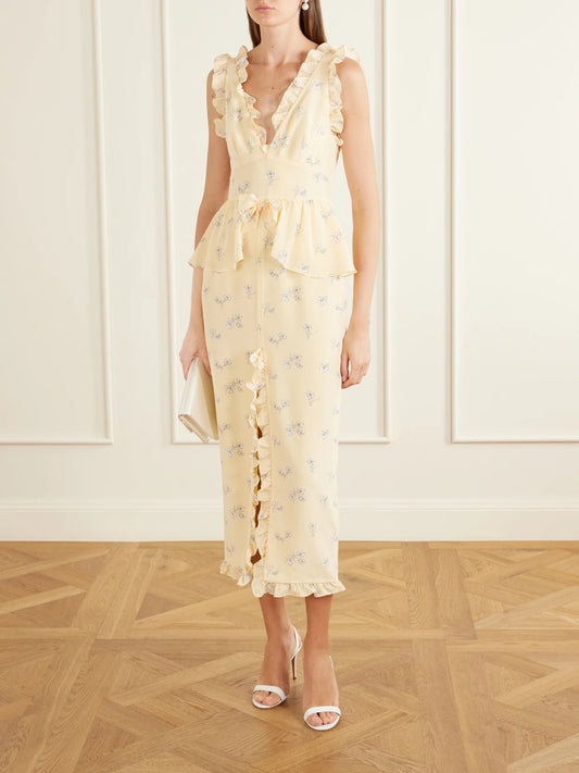 Image of Dresses. Product name - Bow-embellished Floral-print Silk Midi Dress in Yellow colour by brand - Alessandra Rich
