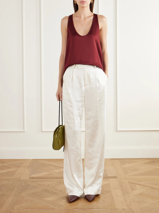 Image of a model wearing Tops. Product name - The Lydia Satin Tank in Burgundy colour by brand - Giuliva Heritage