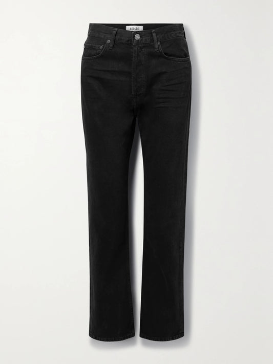 Image of Jeans. Product name - '90s Pinch Waist High-rise Straight-leg Recycled Jeans in Black colour by brand - AGOLDE