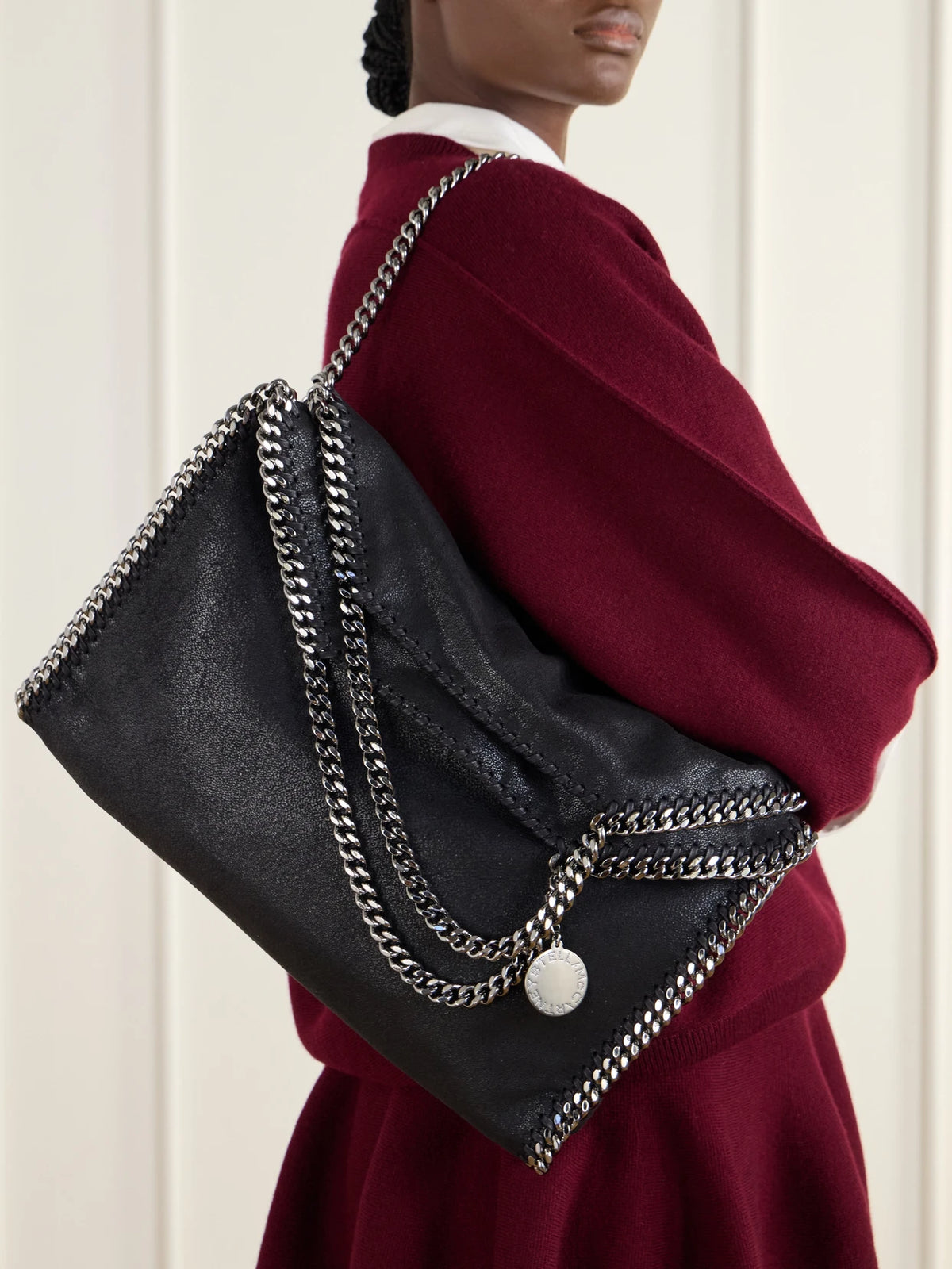 Image of Bags. Product name - The Falabella Medium Faux Brushed-leather Shoulder Bag in Black colour by brand - Stella McCartney