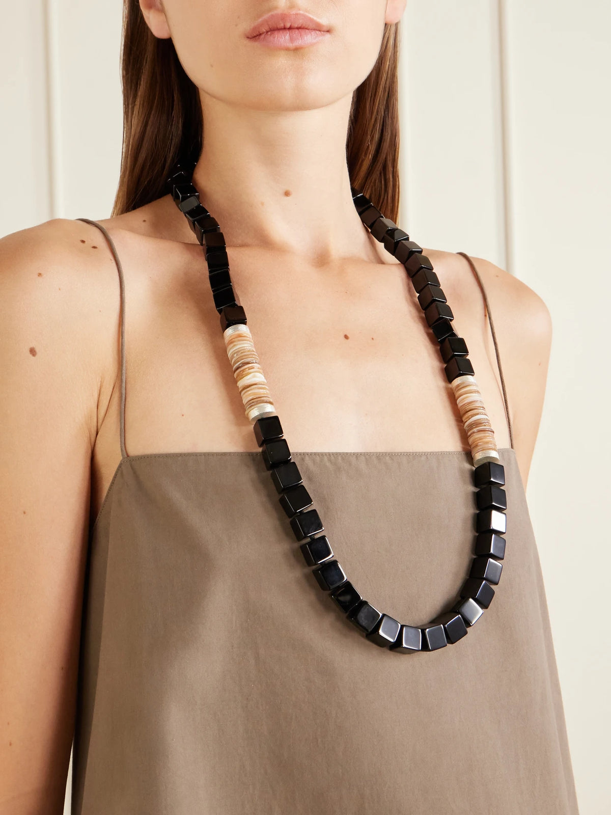 Image of Necklaces. Product name - Dune Sterling Silver, Onyx And Mother-of-pearl Beaded Necklace in Black colour by brand - Le Sundial