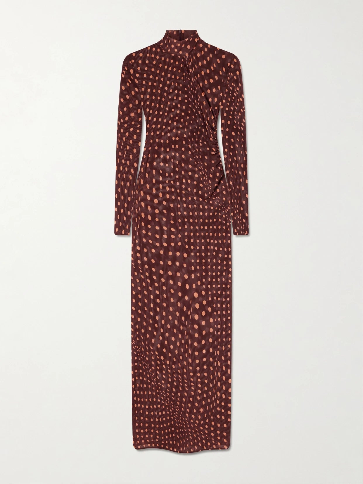 Image of Dresses. Product name - Ruched Polka-dot Mesh Midi Dress in Burgundy colour by brand - Stella McCartney