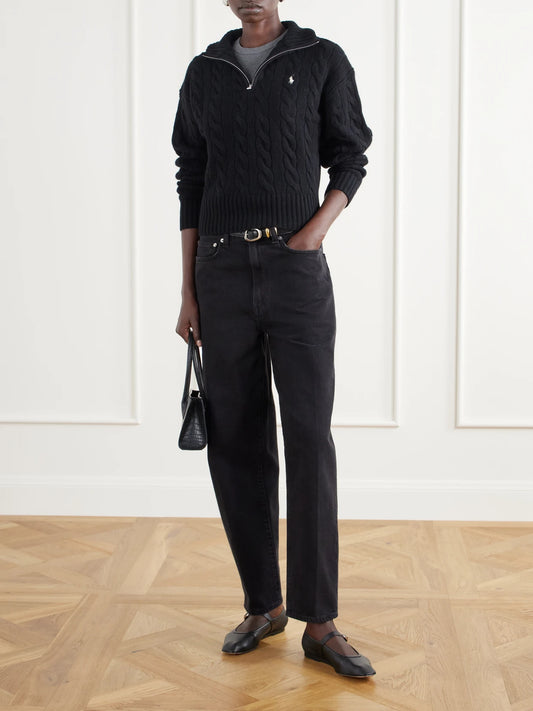 Image of a model wearing Outerwear. Product name - Logo-embroidered Cable-knit Wool And Cashmere-blend Half-zip Sweater in Cream colour by brand - Polo Ralph Lauren