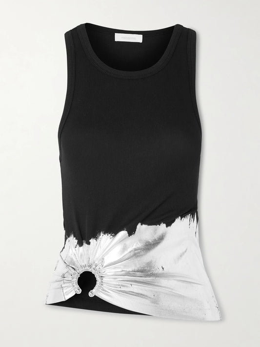 Image of a model wearing Tops. Product name - Embellished Metallic Ribbed Cotton-blend Jersey Tank in Black colour by brand - RABANNE