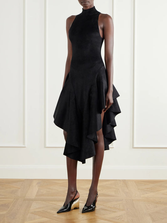 Image of Dresses. Product name - Asymmetric Ruffled Velvet Turtleneck Midi Dress in Black colour by brand - Alaïa