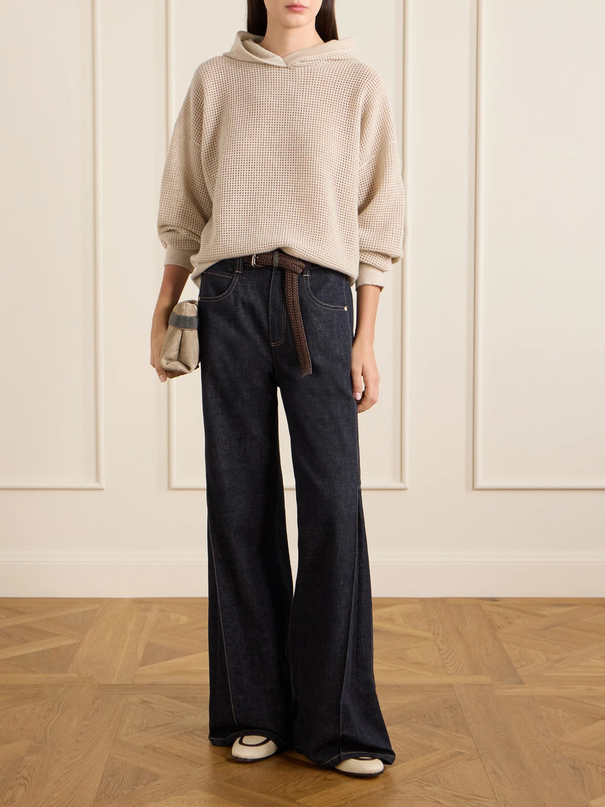 Image of Flats. Product name - Leather-trimmed Raffia Penny Loafers in Cream colour by brand - Brunello Cucinelli