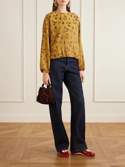 Image of a model wearing Tops. Product name - Floral-jacquard Cloqué Blouse in Light brown, Mint colour by brand - Dries Van Noten