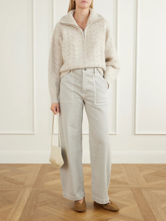 Image of a model wearing Outerwear. Product name - The Airy Wool And Cashmere-blend Cardigan in Beige, Army green colour by brand - FRAME