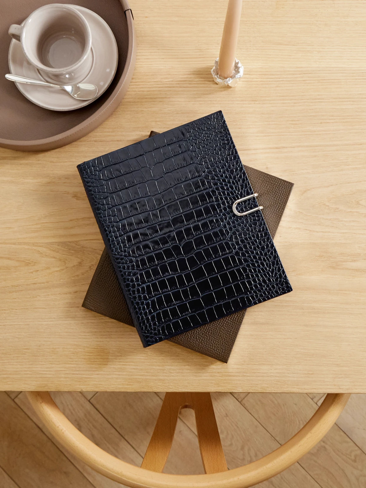 Image of Decor. Product name - Portobello Mara Croc-effect Leather Diary in Navy colour by brand - Smythson