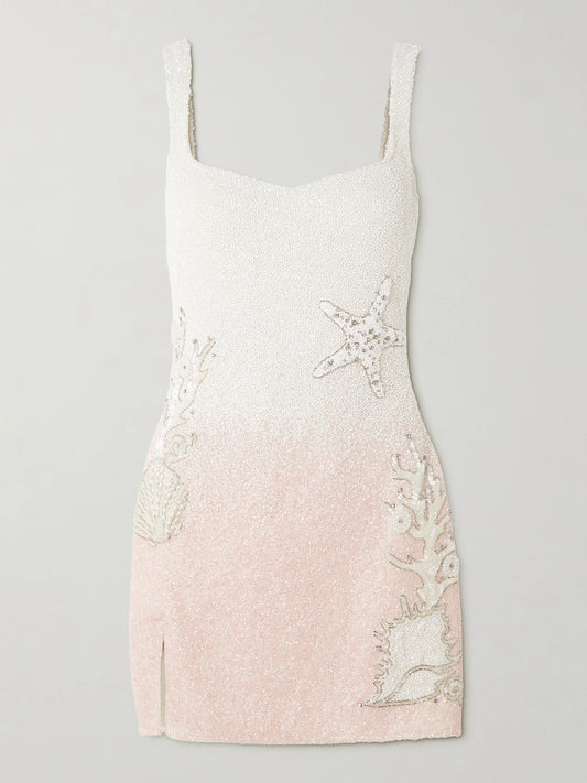 Image of Dresses. Product name - Seashell Crystal-embellished Beaded Tulle Mini Dress in Blush colour by brand - Clio Peppiatt