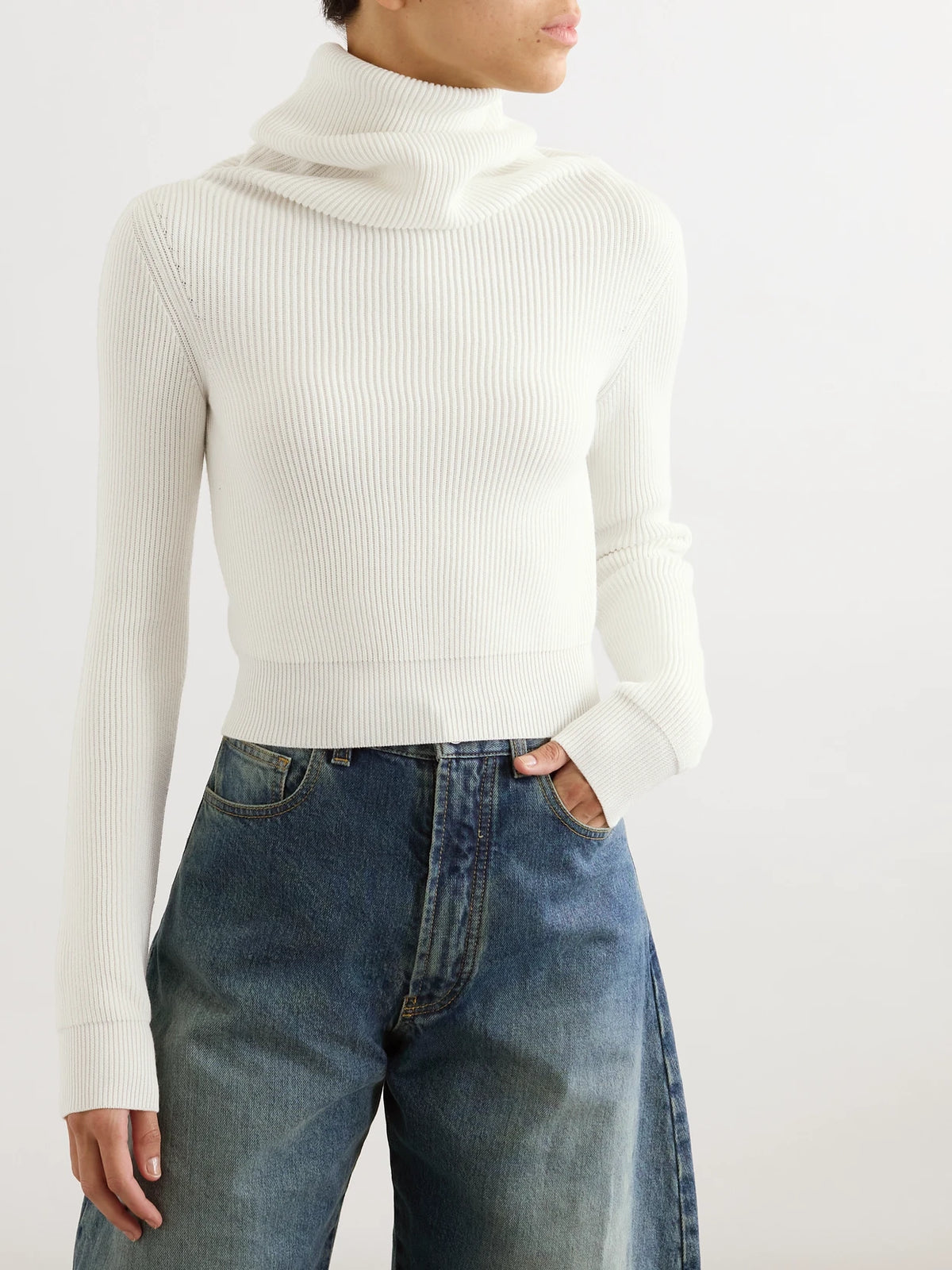 Alaïa Hooded Cropped Ribbed Wool-blend Sweater