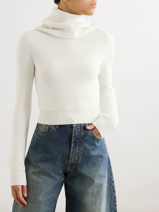 Hooded Cropped Ribbed Wool-blend Sweater