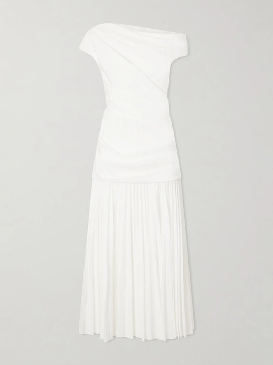 Image of Dresses. Product name - Ammalie One-shoulder Draped Pleated Poplin Midi Dress in White colour by brand - SIMKHAI