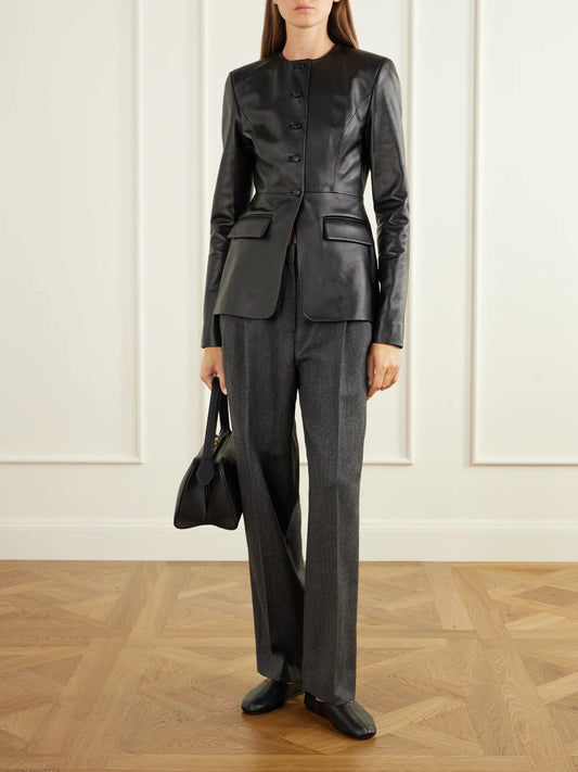 Image of Coats & Jackets. Product name - Jed Darted Paneled Leather Jacket in Black colour by brand - TOVE