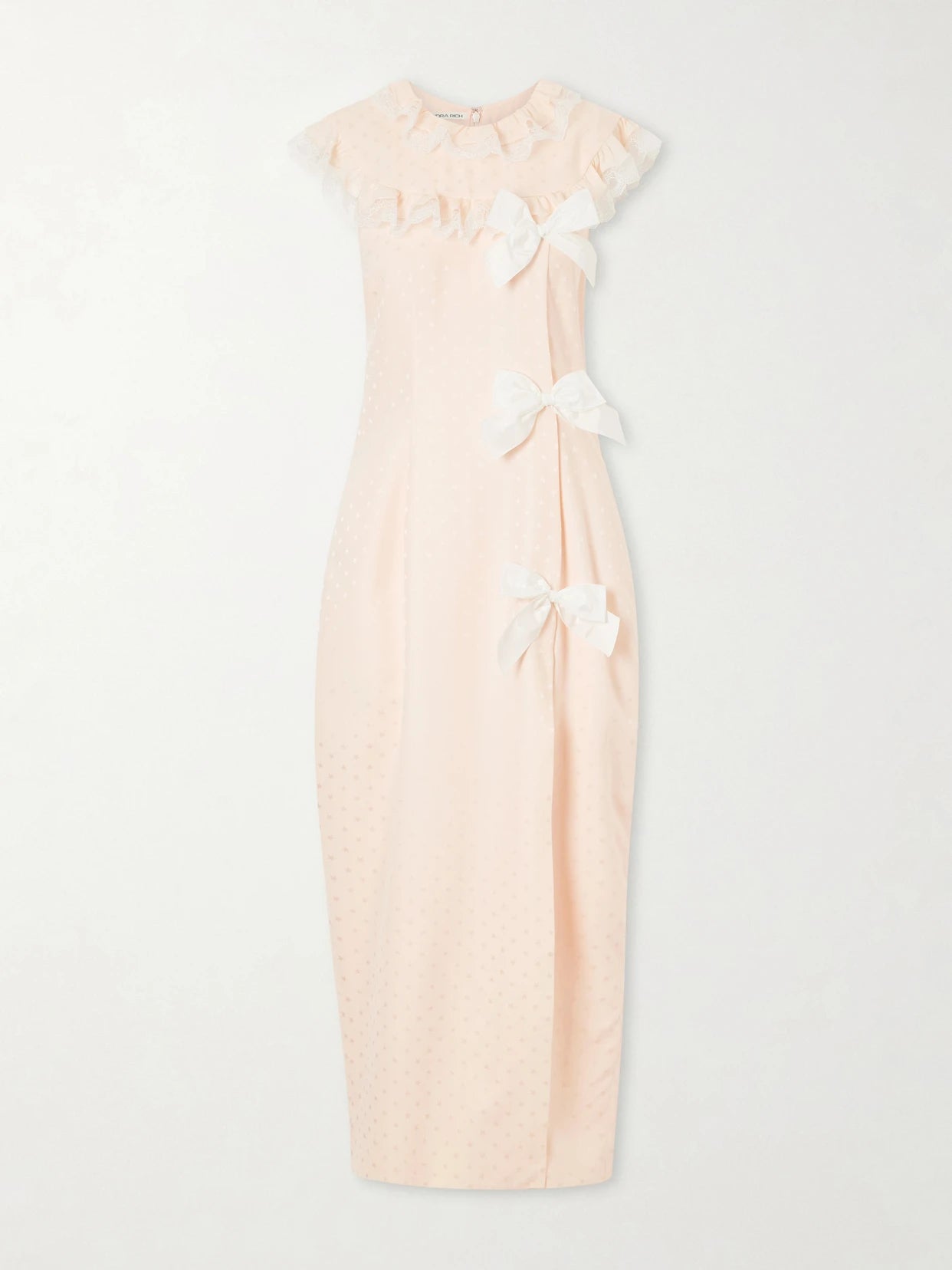 Image of Dresses. Product name - Lace-trimmed Bow-detail Printed Silk-jacquard Midi Dress in Pink colour by brand - Alessandra Rich