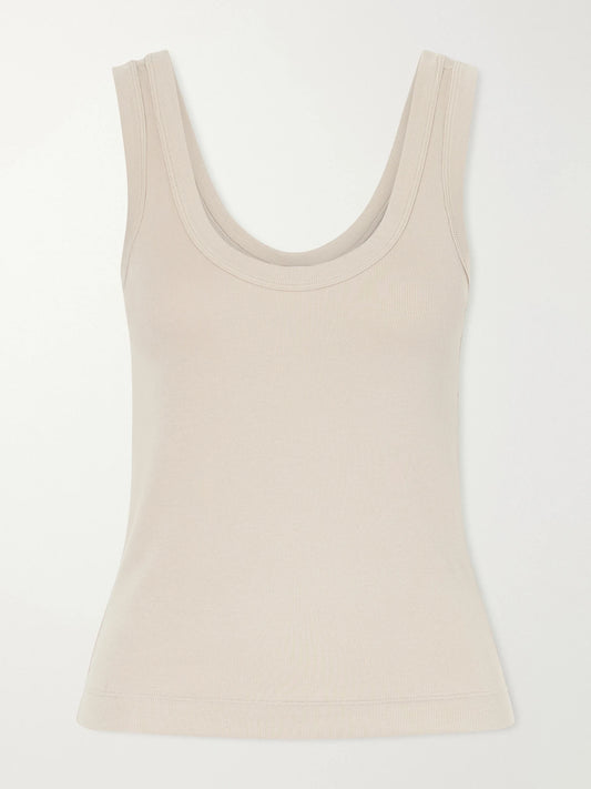 Image of a model wearing Tops. Product name - Ribbed Cotton-blend Jersey Tank in Beige colour by brand - Brunello Cucinelli
