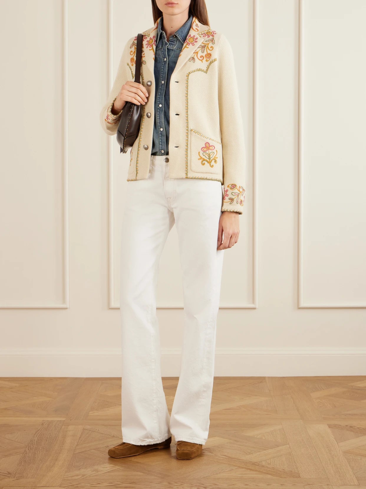 Image of a model wearing Outerwear. Product name - Bella Crochet-trimmed Cotton And Cashmere-blend Cardigan in Beige colour by brand - RRL