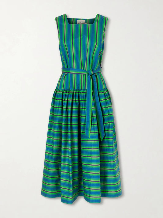 Image of Dresses. Product name - Margo Belted Striped Organic Cotton-poplin Midi Dress in Green colour by brand - ALÉMAIS