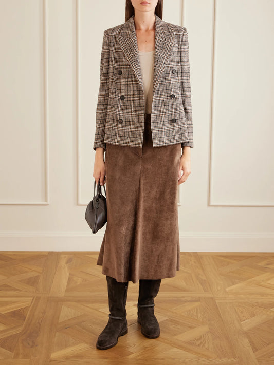 Image of a model wearing Skirts. Product name - Embellished Corduroy Midi Skirt in Dark brown colour by brand - Brunello Cucinelli