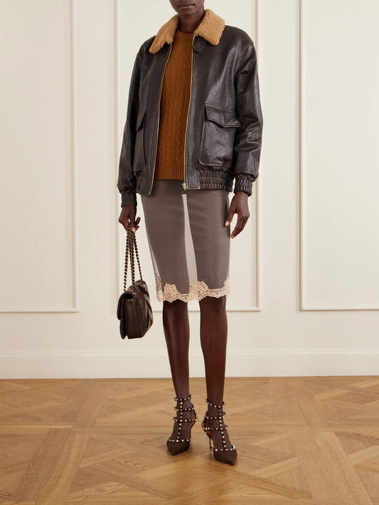 Image of Coats & Jackets. Product name - Shearling-trimmed Leather Biker Jacket in Dark brown colour by brand - Valentino Garavani