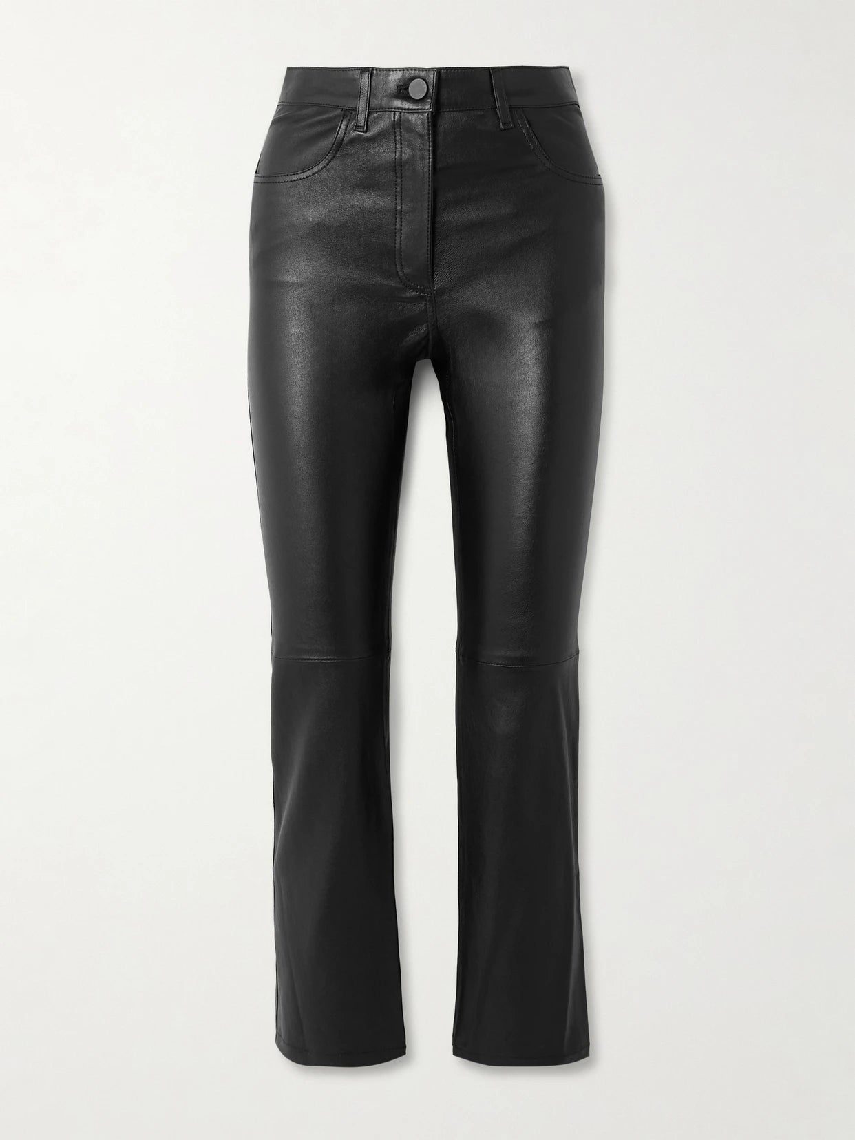 Image of a model wearing Pants. Product name - Duke Cropped Leather Flared Pants in Black colour by brand - Joseph