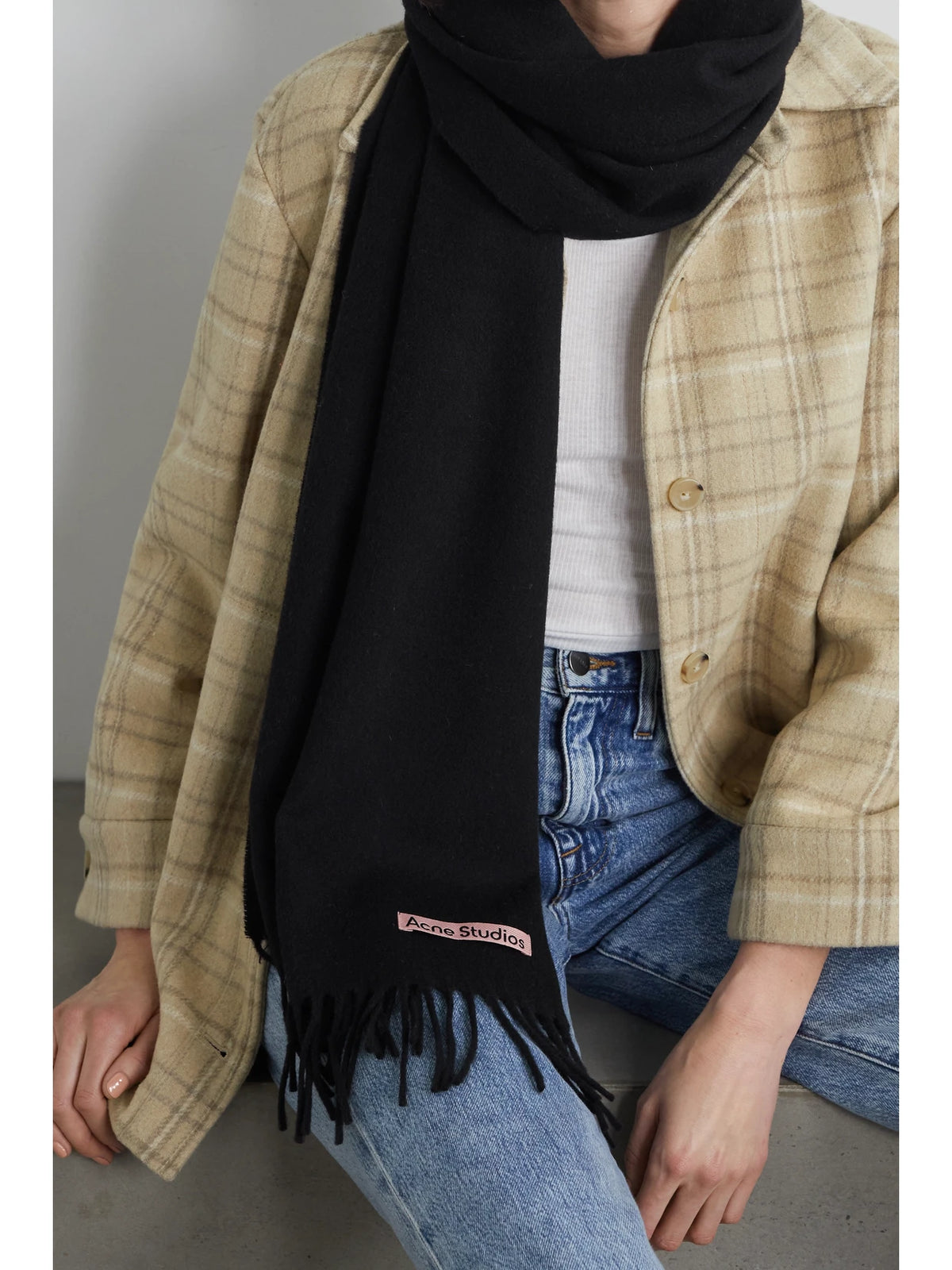 Image of Scarves & Shawls. Product name - Canada Narrow Fringed Wool Scarf in Black colour by brand - Acne Studios