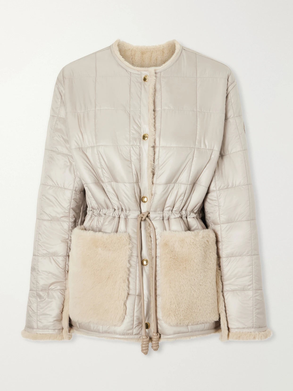 Image of Coats & Jackets. Product name - Tipule Plush And Leather-trimmed Shell Jacket in Cream colour by brand - Moncler