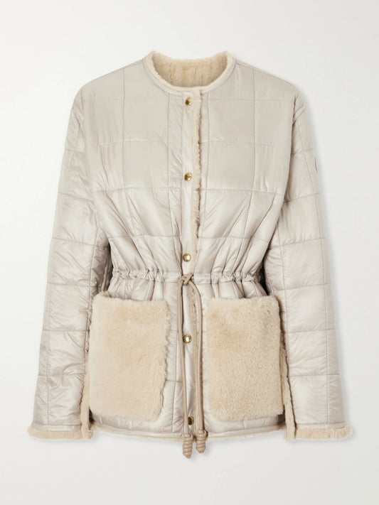 Image of Coats & Jackets. Product name - Tipule Plush And Leather-trimmed Shell Jacket in Cream colour by brand - Moncler
