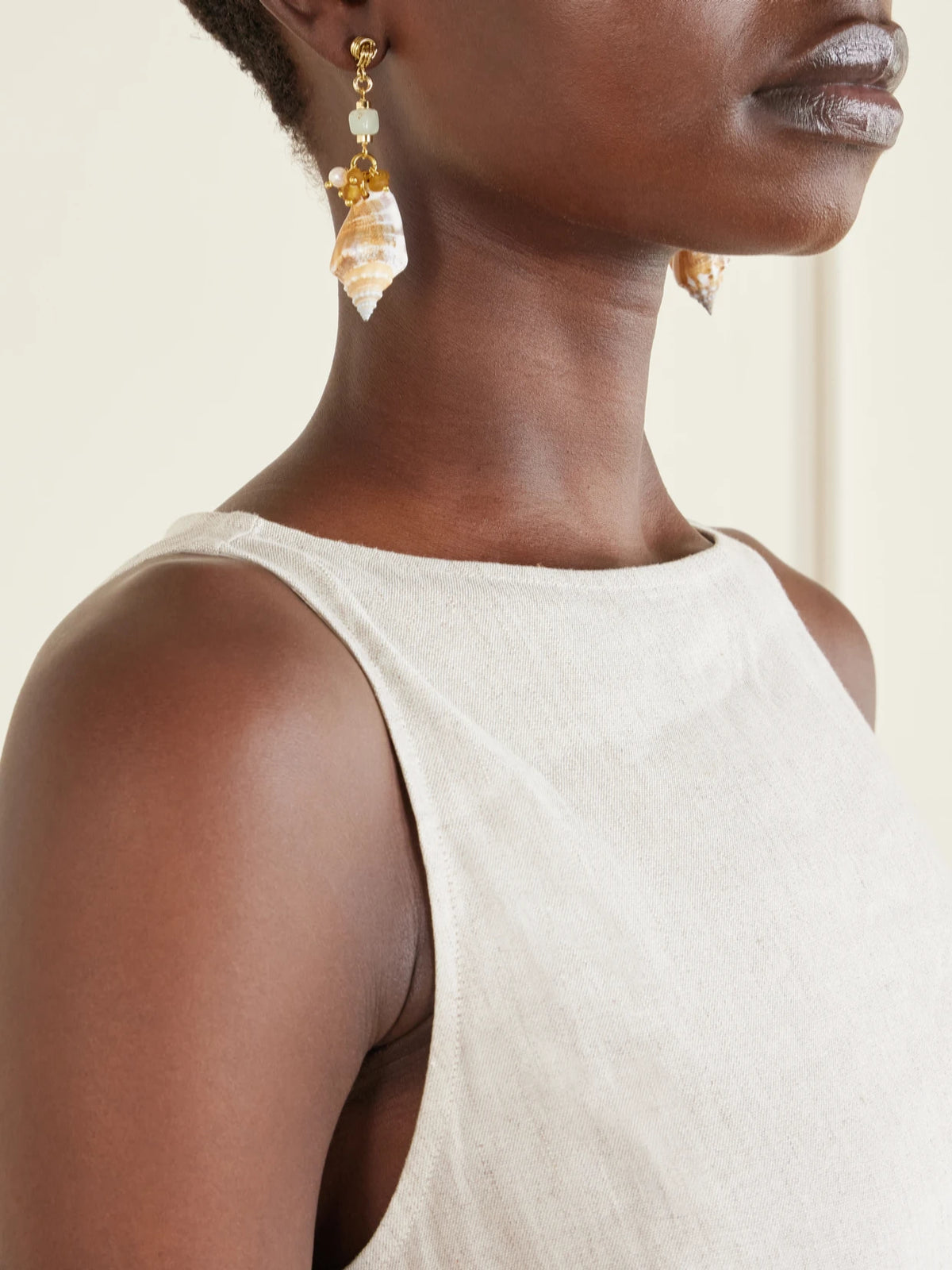 Image of Earrings. Product name - Samsara Gold-plated And Seashell Beaded Earrings in Ivory colour by brand - Tohum